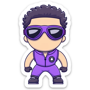 male athlete with white skin and moderately curly black hair on top with shaved sides, wearing ski goggles with purple frames and very dark black lenses, a simple plain black chain necklace, and a completely unzipped sleeveless vest with purple and black sequin fire pattern design with no logo or brand emblem, fully revealing his chest, shoulders and arms, no earrings sticker