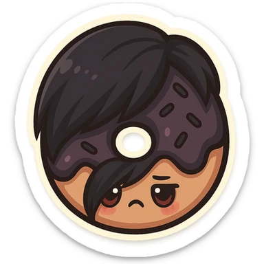 chibi sticker-style donut with an emo vibe, dark colors, side-swept bangs, cute and exaggerated sticker