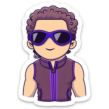 close-up of male athlete with white skin and moderately curly dark brown hair on top with shaved sides, wearing ski goggles with purple frames and very dark black lenses, a simple plain black chain necklace, and a completely unzipped sleeveless vest with purple and black sequin fire pattern design with no logo, frame centered on face and upper chest sticker