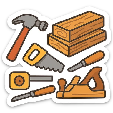 flat toon style woodworking tools and wood planks sticker