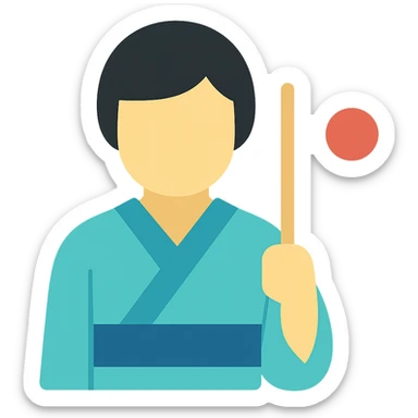 person in a traditional Japanese kimono holding the flag of Japan, color icon sticker