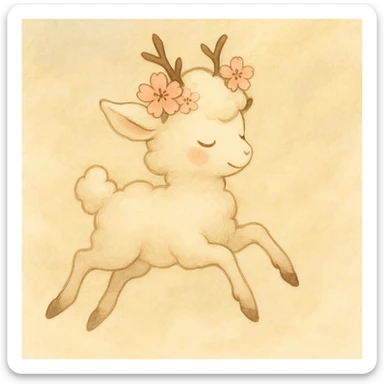 Refine the vanilla cloud doe with rosy cheeks and a cherry blossom crown to float gracefully, avoiding a front-facing view. The style should be soft and whimsical, conveying magical, graceful floating energy in the pose and expression. This is for a brand identity mascot for social media, emphasizing a gentle and enchanting atmosphere. sticker