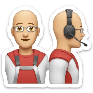 customer service bald man with headset with red t-shirt sticker