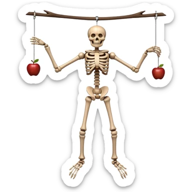 3D render of Skeleton Marionette as a wooden marionette puppet, Wooden bones, hanging loose, silver metal screw joints at elbows and knees, polished brown wood texture, rigid toy pose, Apple emoji style, isolated on white background --v 6.0. sticker