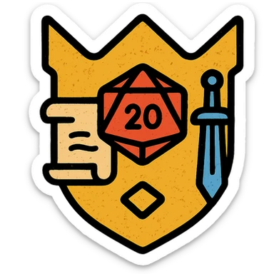 minimalist icon of a stylized shield or crown as an admin symbol with subtle DnD/RPG touches like dice, sword, or scroll, very worn and distressed effect sticker