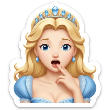 Cinematic Realistic Yawning Cinderella Portrait, showcasing lifelike porcelain skin and intricately detailed golden-blonde hair styled flawlessly as she mid-yawn reveals a moment of tender vulnerability. Her half-closed blue eyes and relaxed expression are rendered with natural, soft lighting that emphasizes the subtle textures of her face and the detailed, flowing fabric of her iconic gown. The scene glows with a cozy, authentic warmth that captures a rare, intimate moment of repose. sticker