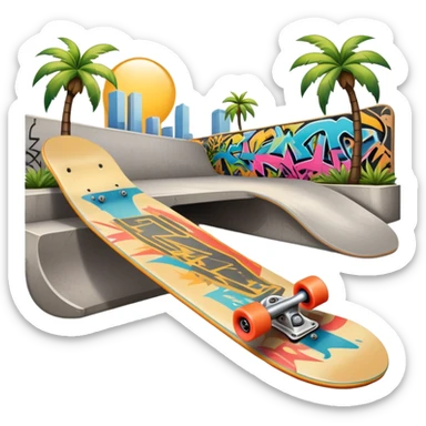 An icon featuring a skateboard resting on a smooth concrete surface. The background shows a sunny skate park with ramps, graffiti walls, and palm trees, creating an urban vibe. The skateboard is designed with vibrant colors and unique graphics. Transparent background  sticker
