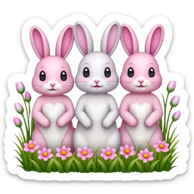 realistic 3 Bunny's standing in grass field with flowers happy looking foward sticker