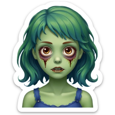 faça uma menina zumbi verde bonita com um cabelo ondulado, olhos castanhos-avermelhados e que metade da franja seja azul escuro e o a outra metade e resto do cabelo sejam castanho escuros sticker