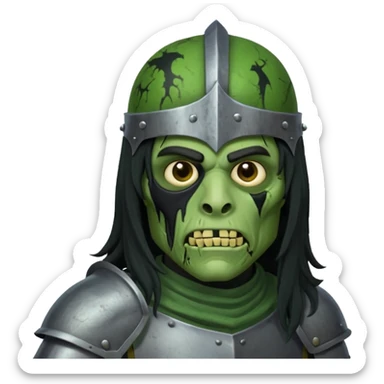 a male with long black rough hair wearing a knight helmet with green zombie skin sticker