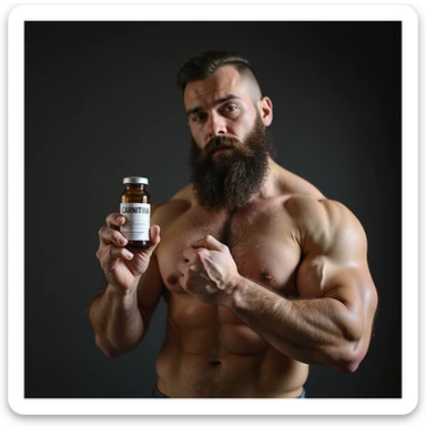bodybuilder with beard, hyperrealism, holding a vial with a label 'CARNITINA' in large block letters, 4k quality sticker