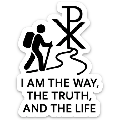 a hiker walking on a winding path with a large Christian Chi Rho symbol, and the phrase 'I am the way, the truth, and the life' represented visually, simple bold black outlined style sticker