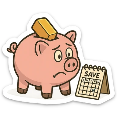 piggy bank with a gold bar and a small calendar beside it, showing weekly saving, flat friendly style sticker