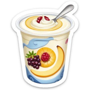 small yogurt cup with peeled-back foil lid, creamy yogurt with fruit swirls, no spoon or extras, soft lighting, subtle shadows, emoji scale sticker