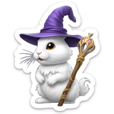 A side profile of a white rabbit wearing a wizard hat and holding a staff sticker
