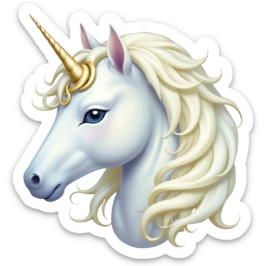 Beautiful and Majestic White Unicorn Portrait Emoji, Head and body exuding serene brilliance with a luminous, flowing mane and a gracefully spiraled horn, eyes gently closed in peaceful reverie, Simplified yet exquisitely enchanting features, highly detailed, glowing with a soft, celestial light, high shine, serene and utterly majestic, stylized with an air of timeless fantasy, soft glowing outline, capturing the essence of a beautiful and majestic white unicorn that embodies the pure magic of legend! sticker
