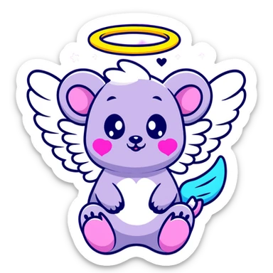 adorable possum with angel wings and halo, surrounded by stars and hearts, Lisa Frank colors sticker
