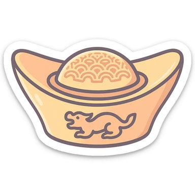 Create a Chinese gold ingot (yuanbao) with patterned decoration, in icon-color-outlined style with shadows and highlights, thin clean contours, soft rounded shapes. Use a pastel palette: #98B5BC, #B5B3C1, #C9A3C9, #E4C0CA, #F7DCD1, #F7C0AA. Modern Japanese pop-art and sticker aesthetics, high detail, vector sharpness, soft lighting, transparent background. Shape as in the reference. sticker