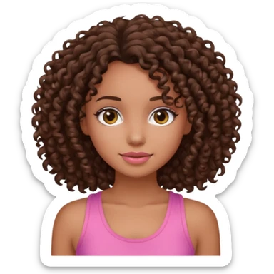 Uma menina com o cabelo cacheado é morena, e com uma regata rosa sticker