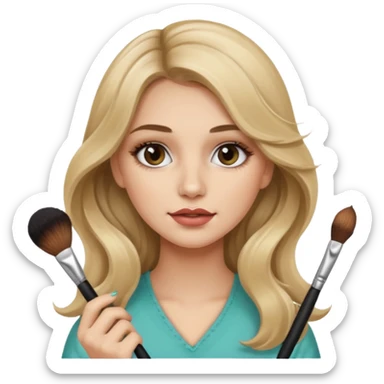 pretty girl with long wavy dirty blonde hair holding makeup brushes applying them to her face  sticker