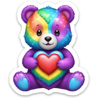Sparkle Rainbow Bear holding a heart sticker