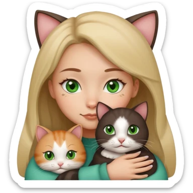 A girl with a square with a mole on her right cheek and square-green eyes hugs a cat sticker