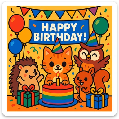 vibrant-toon style birthday party scene with a rainbow color theme including rainbow balloons, multicolored decorations, confetti, a large rainbow birthday cake, gifts, and a festive atmosphere. Main character is a ginger tabby kitten wearing a birthday hat, surrounded by a hedgehog, owl, and squirrel also celebrating. Prominent 'Happy Birthday!' message included in the scene. sticker