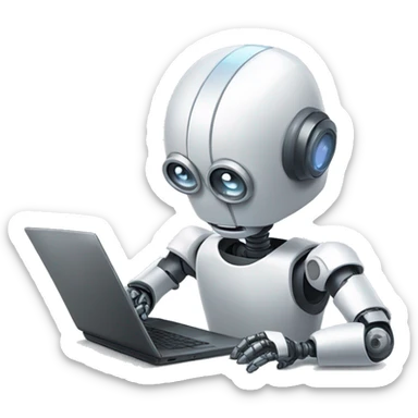 Robot escribiendo en computadora con lupa sticker