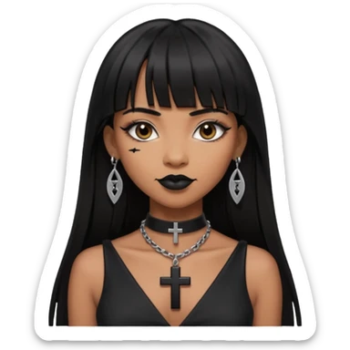 vampira parda com cabelo preto longo e liso e franja, olhos pretos, brincos em formato de cruz, choker em formato de cruz, roupa preta com decote, batom preto e sorrindo de canto sticker
