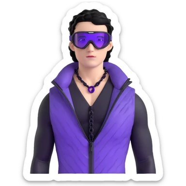 male athlete with white skin and moderately curly black hair on top with shaved sides, wearing ski goggles with purple frames and very dark black lenses, a simple plain black chain necklace, and a completely unzipped shiny vest with purple and black sequin fire pattern design, fully revealing his chest and abs, no earrings sticker