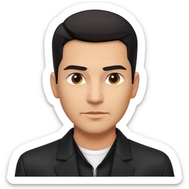 Attractive Hispanic TV host in his mid to late 40s with light brown skin, short straight black hair slicked back with fade on sides, square handsome face with strong jawline, friendly approachable expression, wearing open black jacket revealing white buttoned shirt underneath sticker