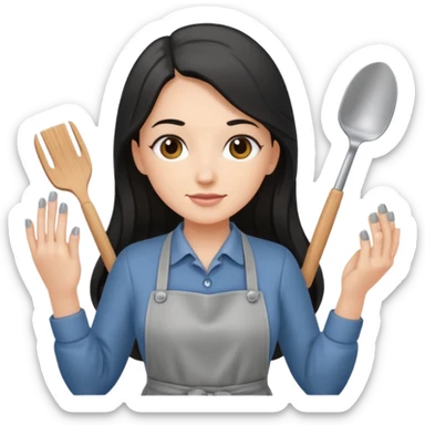 A white nail tech with long dark hair in gray apron sticker