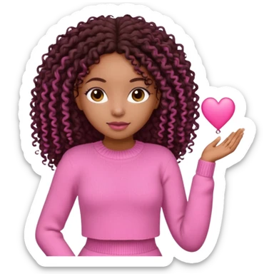 Uma menina negra da pele clara magra definida com roupa de malha rosa, com cabelo cacheados  todo castanho escuro bem grande até a cintura sem muito volume no cabelo sticker