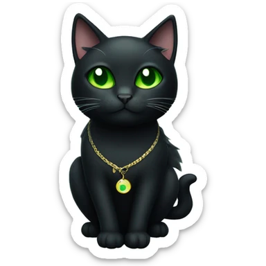 Black cat with green eyes wearing a moon charm on his collar sticker