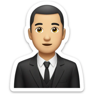 Asian, thick eyebrows, Buzz cut, emotionless, black suit sticker