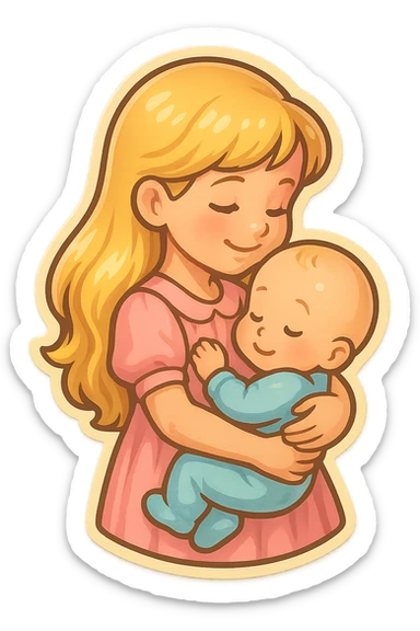 cute girl with long blonde hair holding a baby in her arms, smiling, side view, retro stickers style, thin clean outlines, soft rounded shapes, pastel palette, retro sticker aesthetic, detailed shadows and highlights, soft lighting sticker
