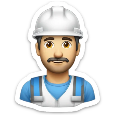 Arquitecto de 30 años residente de obra. Casco blanco chaleco azul. Ojos grandes cejas pobladas labios gruesos sticker