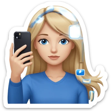 young woman with long straight dark blond hair, side bangs, and blue eyes. She is taking a selfie with an iphone  sticker