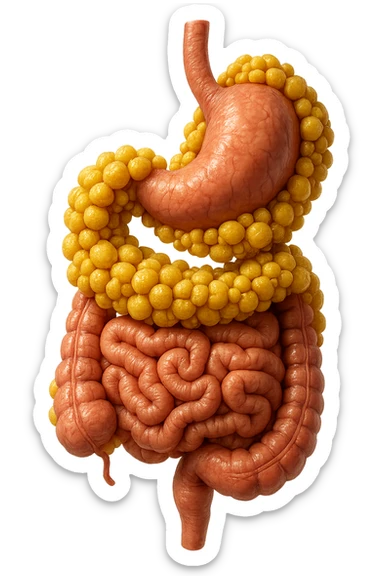 STOMACO E INTESTINO SONO VERTICALMENTE COLLEGATI E INTORNO A QUESTI ORGANI CI SONO CELLULE DI GRASSO GIALLE ATTACCATE SOPRA A GRAPPOLI, IPERREALISTICO 4K sticker