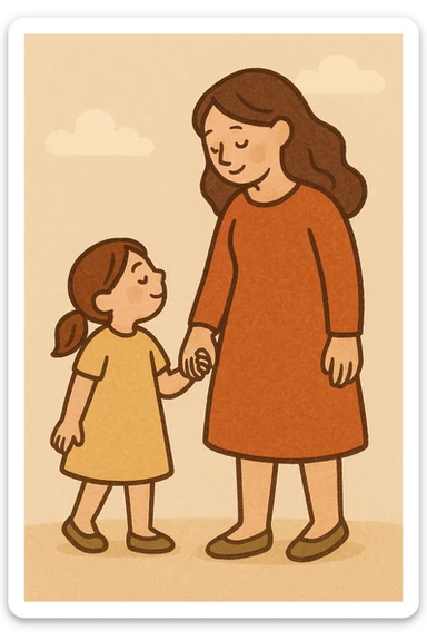 daughter holding hands with mother, warm illustration style, simple background sticker