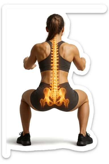 donna di spalle che fa squat con spina dorsale anatomica in evidenza, iperrealistica 4k sticker