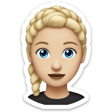 a woman with blue eyes, light skin, blonde straight hair with a bun. black shirt. sticker