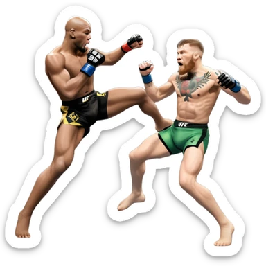 An MMA showdown between Conor McGregor and Anderson Silva in the octagon. McGregor is executing a jumping strike, while Silva skillfully deflects the attack. The background shows the UFC octagon with roaring fans and vibrant energy. Transparent background. sticker