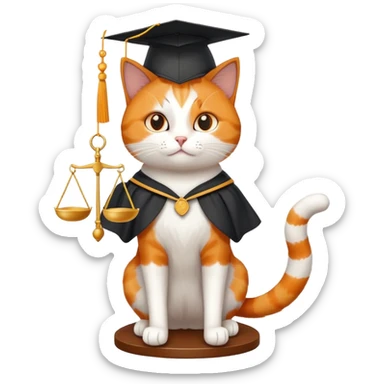 cat wearing a graduation cap, holding the scales of justice up with its tail sticker