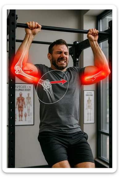 a man in gym clothes esegue una trazione alla sbarra con una tecnica visibilmente scorretta—gomiti troppo larghi o polsi piegati in modo innaturale. I gomiti sono evidenziati con un alone rosso acceso per indicare dolore o infiammazione. Un diagramma trasparente mostra le forze errate applicate sull’articolazione. La scena è ambientata in una palestra moderna, con poster educativi sullo sfondo. sticker