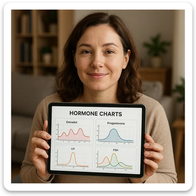 woman holding a tablet with hormone charts, satisfied expression, atmosphere of control and awareness, realistic details, home or study background sticker