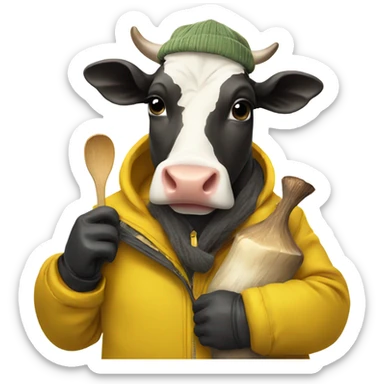A cow wearing a mustard jacket skiing and holding a mushroom sticker