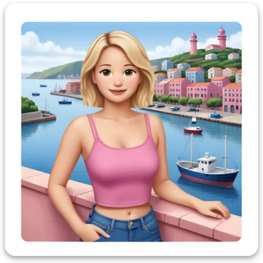 jennifer lawrence, pink crop top, and blue jeans, leaning on a balcony with a harbor and cityscape in the background, smiling sticker