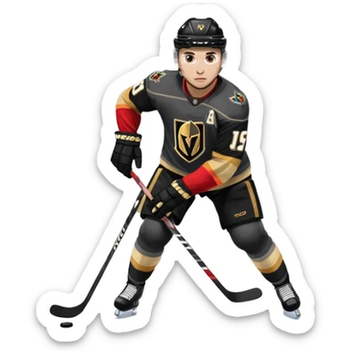 A hockey player in a Vegas Golden Knights black & gold jersey, red accent glow, centered stance, stick on the ice, faceoff position sticker