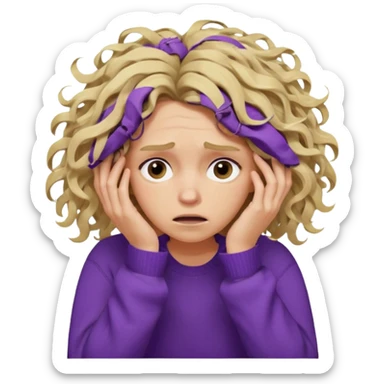Emoji-style illustration of a frustrated young woman, messy, tangled, curly tousled blonde hair, clearly unkempt and chaotic, wearing a purple sweater, holding her face in her hands, expressing annoyance and disappointment, cartoonish, expressive, simple lines, flat colors, clear silhouette,  sticker